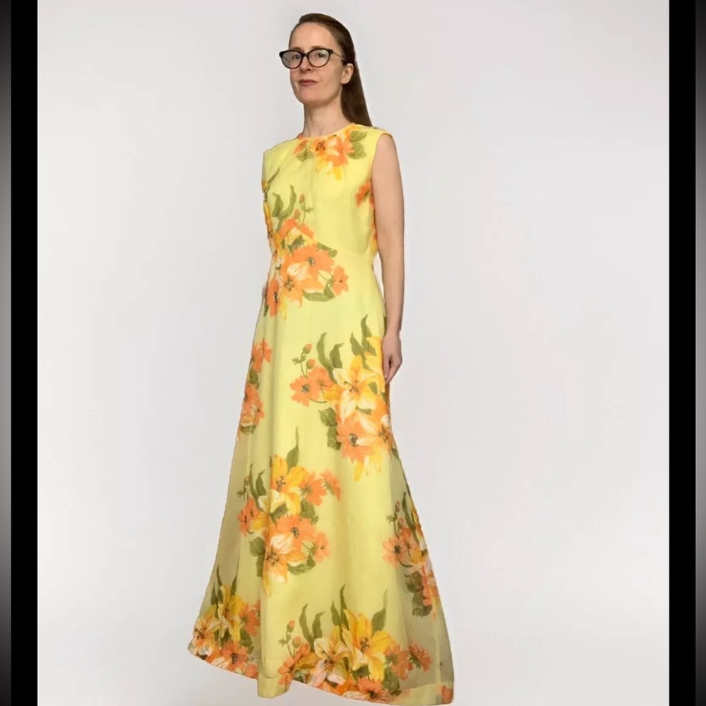 70s Vintage Yellow Floral Gown Sleeveless Maxi Dress Sheer Long Sleeve Top M